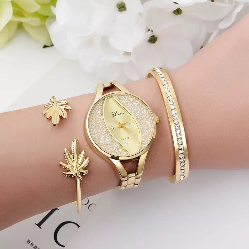 Women Diamond Quartz Watch and Bracelets Jewelry Set-Jewelry Sets-Innovato Design-Gold-Innovato Design