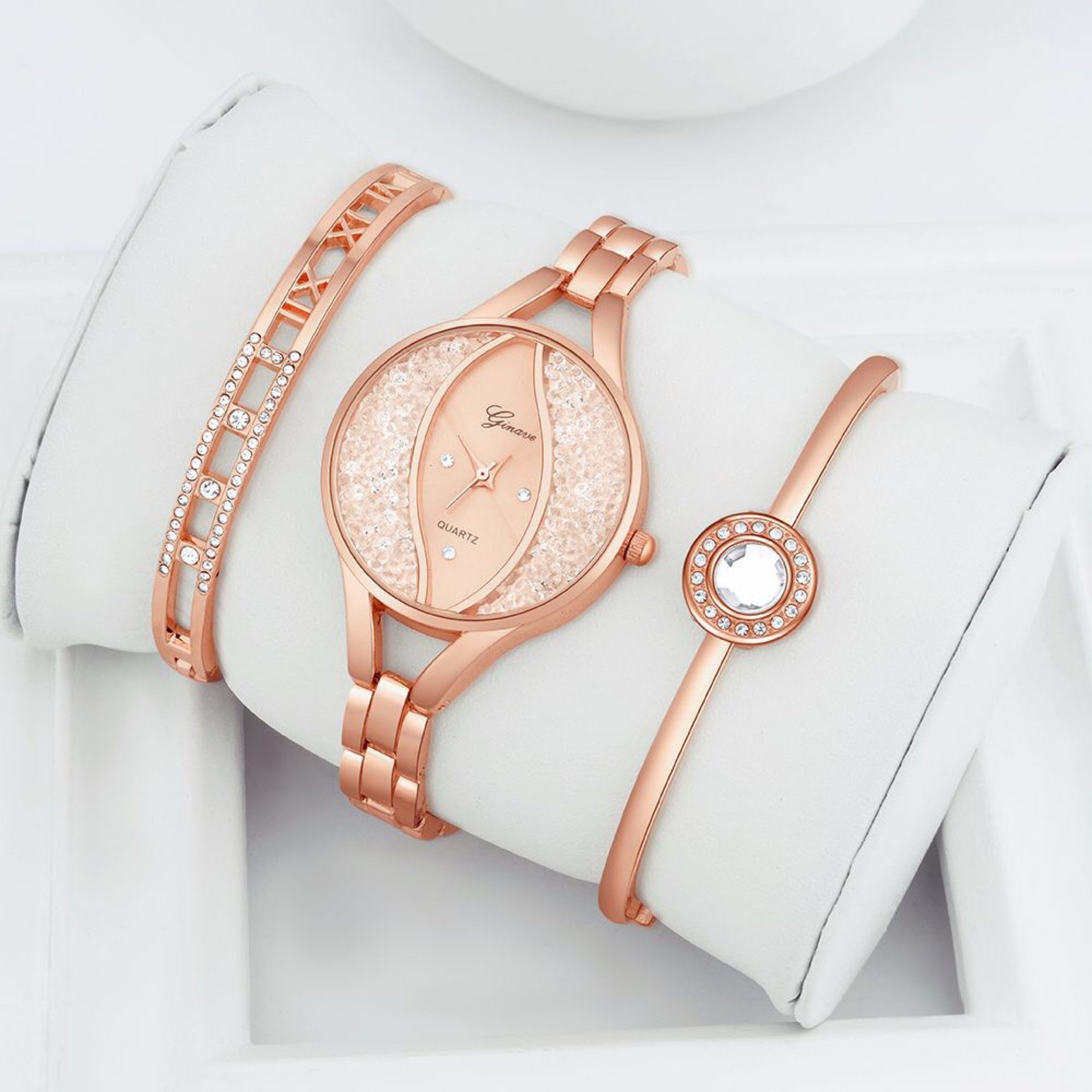 Women Diamond Quartz Watch and Bracelets Jewelry Set-Jewelry Sets-Innovato Design-Gold-Innovato Design