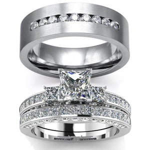 Cubic Zirconia and White Crystal & Rhinestones Stainless Steel Wedding Ring Set-Couple Rings-Innovato Design-6-5-Innovato Design