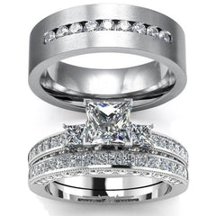Cubic Zirconia and White Crystal & Rhinestones Stainless Steel Wedding Ring Set
