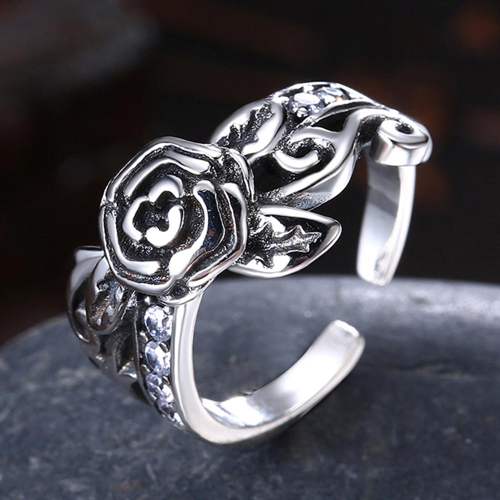 Carved Lotus Design and Cubic Zirconia 925 Sterling Silver Adjustable Romantic Ring-Rings-Innovato Design-Innovato Design