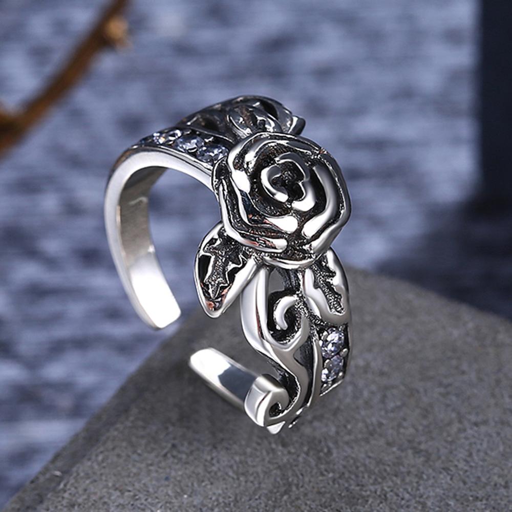 Carved Lotus Design and Cubic Zirconia 925 Sterling Silver Adjustable Romantic Ring-Rings-Innovato Design-Innovato Design
