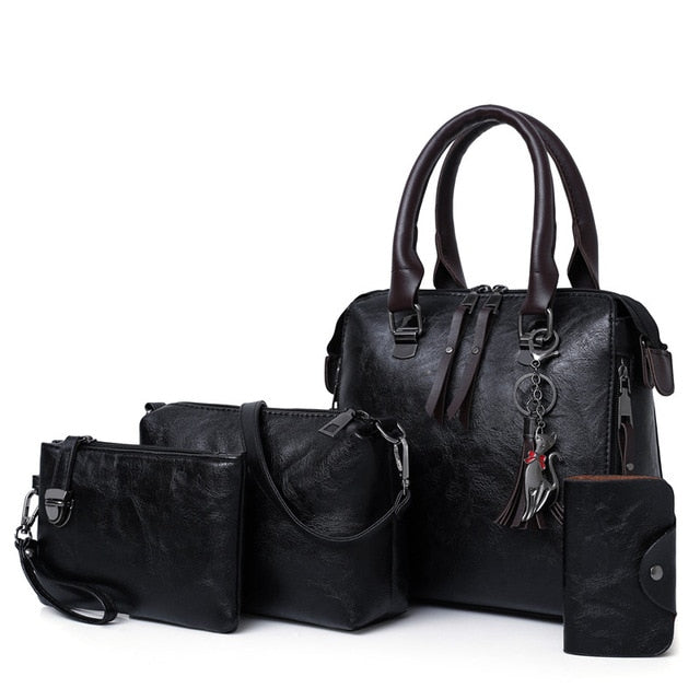 4-Piece Luxury Designer Leather Purse, Shoulder Bag and Handbag Set-Handbags-Innovato Design-Black-Innovato Design