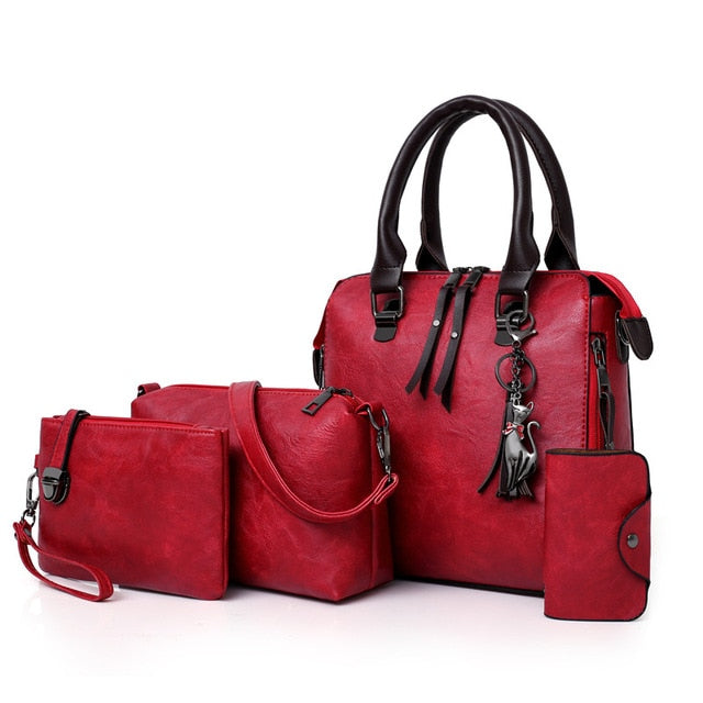 4-Piece Luxury Designer Leather Purse, Shoulder Bag and Handbag Set-Handbags-Innovato Design-Red-Innovato Design
