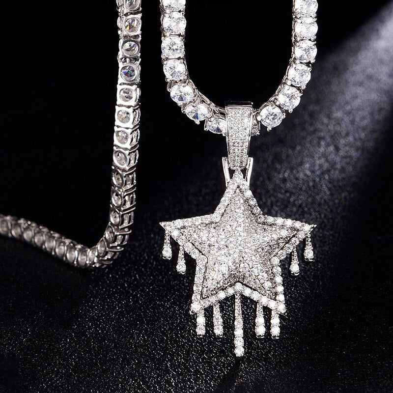 Cubic-Zirconia-Studded Dripping Star Bling Hip-hop Pendant Necklace-Necklaces-Innovato Design-Silver-4mm Rope-20in-Innovato Design