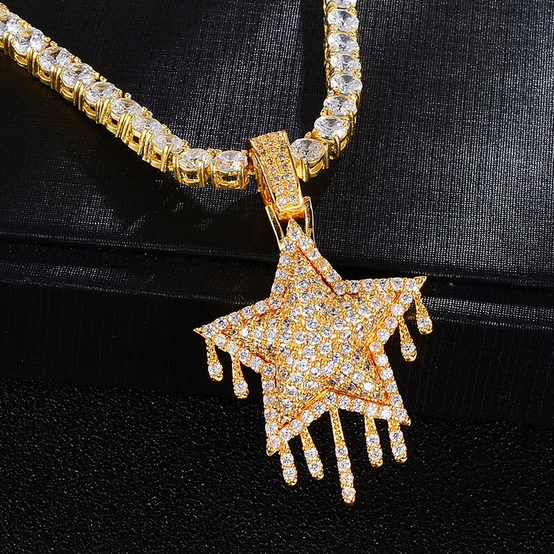 Cubic-Zirconia-Studded Dripping Star Bling Hip-hop Pendant Necklace-Necklaces-Innovato Design-Silver-4mm Rope-20in-Innovato Design