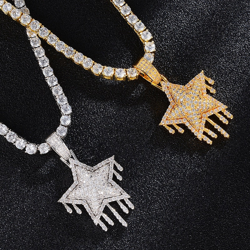 Cubic-Zirconia-Studded Dripping Star Bling Hip-hop Pendant Necklace-Necklaces-Innovato Design-Silver-4mm Rope-20in-Innovato Design