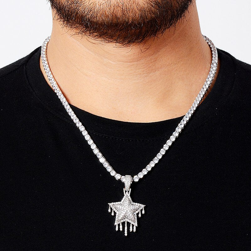 Cubic-Zirconia-Studded Dripping Star Bling Hip-hop Pendant Necklace-Necklaces-Innovato Design-Silver-4mm Rope-20in-Innovato Design