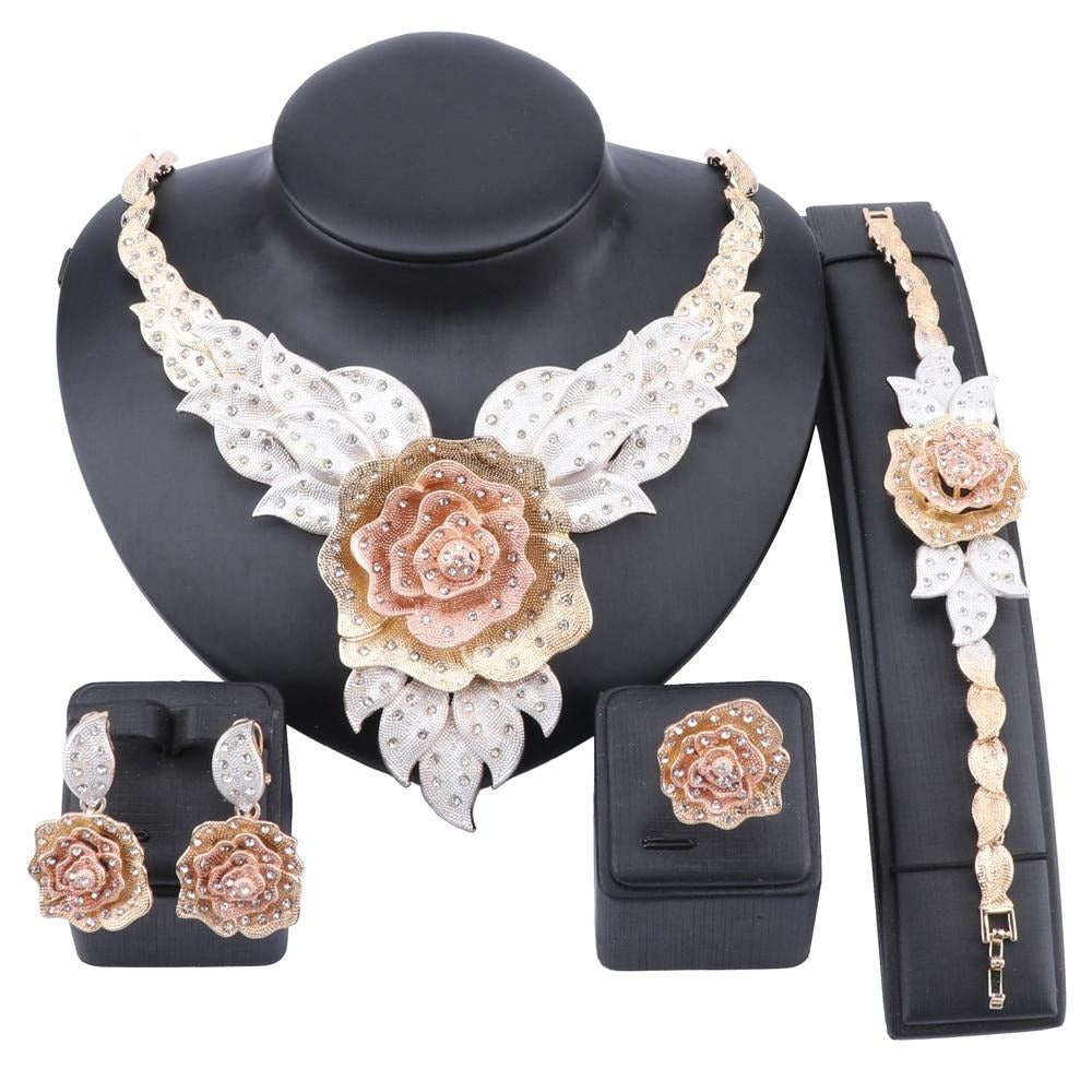 Crystal Rose Flower Necklace, Bracelet, Earrings & Ring Wedding Jewelry Set-Jewelry Sets-Innovato Design-Silver-Innovato Design