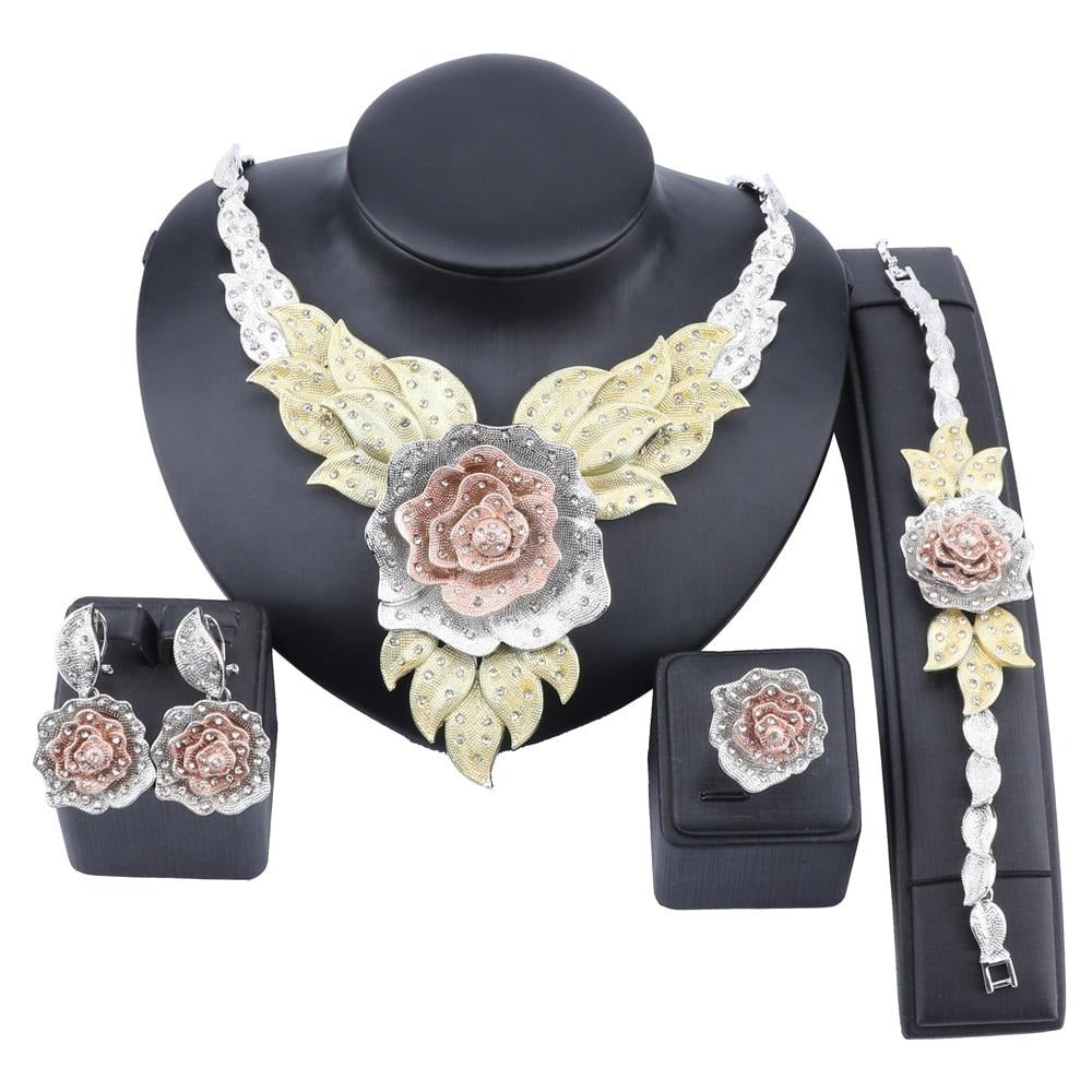 Crystal Rose Flower Necklace, Bracelet, Earrings & Ring Wedding Jewelry Set-Jewelry Sets-Innovato Design-Silver-Innovato Design