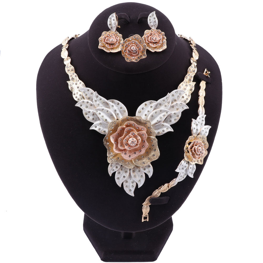 Crystal Rose Flower Necklace, Bracelet, Earrings & Ring Wedding Jewelry Set-Jewelry Sets-Innovato Design-Silver-Innovato Design