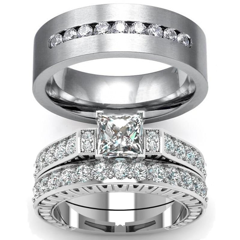 White Cubic Zirconia Stainless Steel Wedding Ring Set-Couple Rings-Innovato Design-6-5-Innovato Design