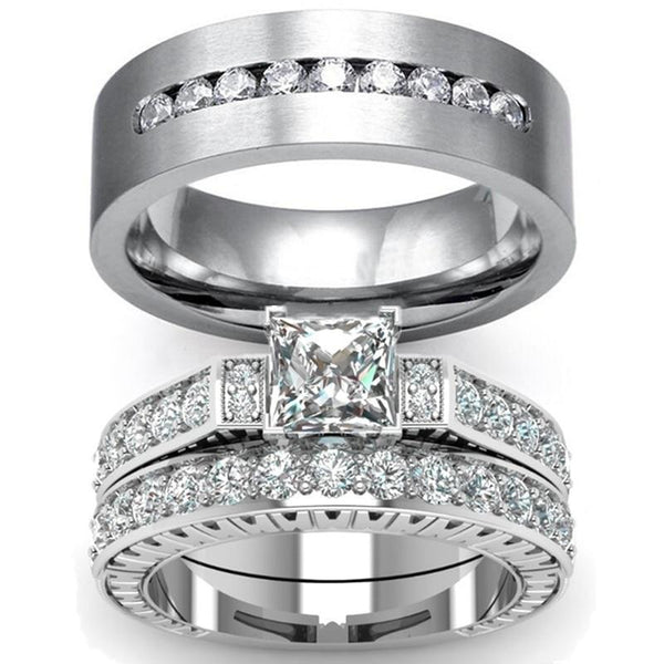 White Cubic Zirconia Stainless Steel Wedding Ring Set-Couple Rings-Innovato Design-6-5-Innovato Design