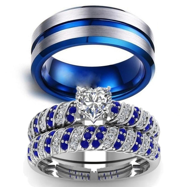 Blue/Silver and Blue/White Heart Cubic Zirconia Stainless Steel Wedding Bands Set-Couple Rings-Innovato Design-6-5-Innovato Design