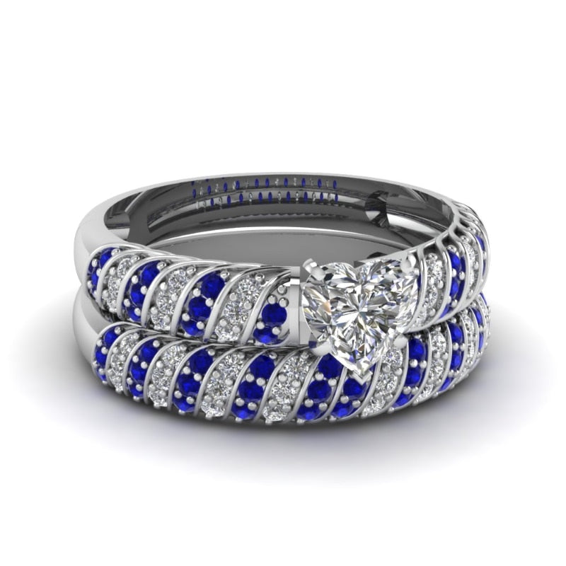 Blue/Silver and Blue/White Heart Cubic Zirconia Stainless Steel Wedding Bands Set-Couple Rings-Innovato Design-6-5-Innovato Design