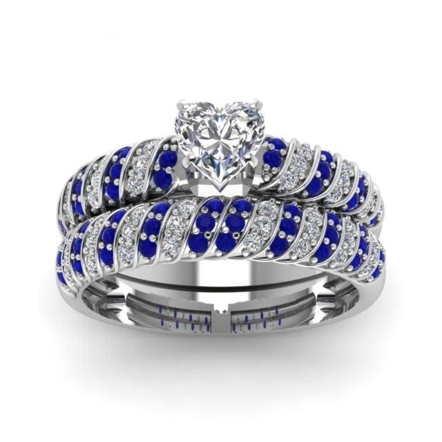 Blue/Silver and Blue/White Heart Cubic Zirconia Stainless Steel Wedding Bands Set-Couple Rings-Innovato Design-6-5-Innovato Design