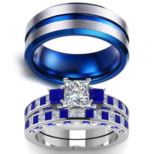 Blue/Silver and White/Blue Rhinestone & Cubic Zirconia Stainless Steel Wedding Bands-Couple Rings-Innovato Design-6-5-Innovato Design