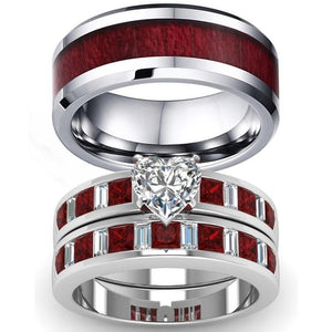 Red Koa Wood Inlay and Crystal & Rhinestone Heart Stainless Steel Wedding Ring Set-Couple Rings-Innovato Design-6-5-Innovato Design