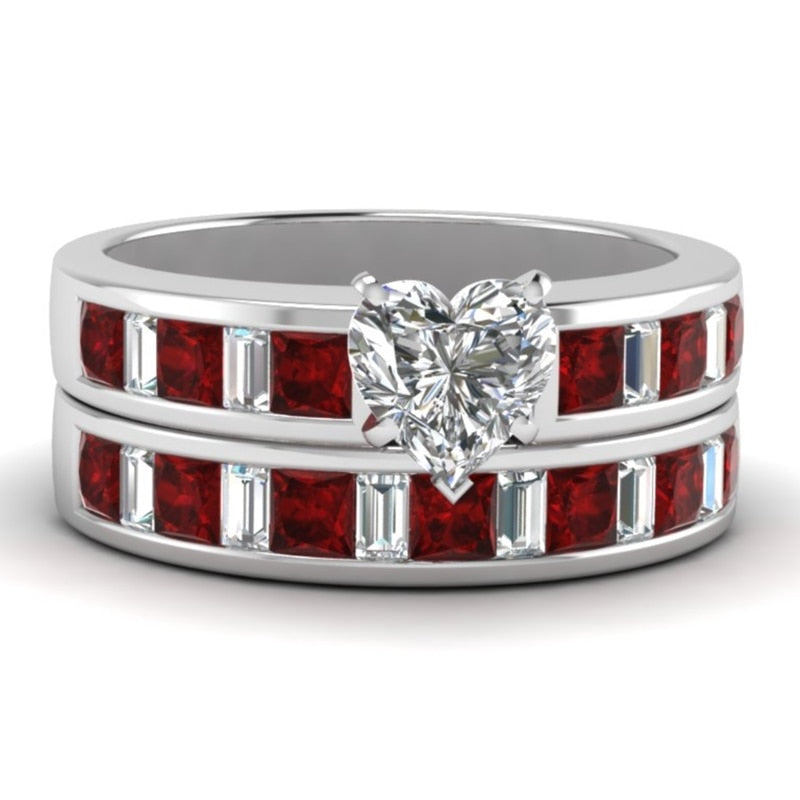 Red Koa Wood Inlay and Crystal & Rhinestone Heart Stainless Steel Wedding Ring Set-Couple Rings-Innovato Design-6-5-Innovato Design