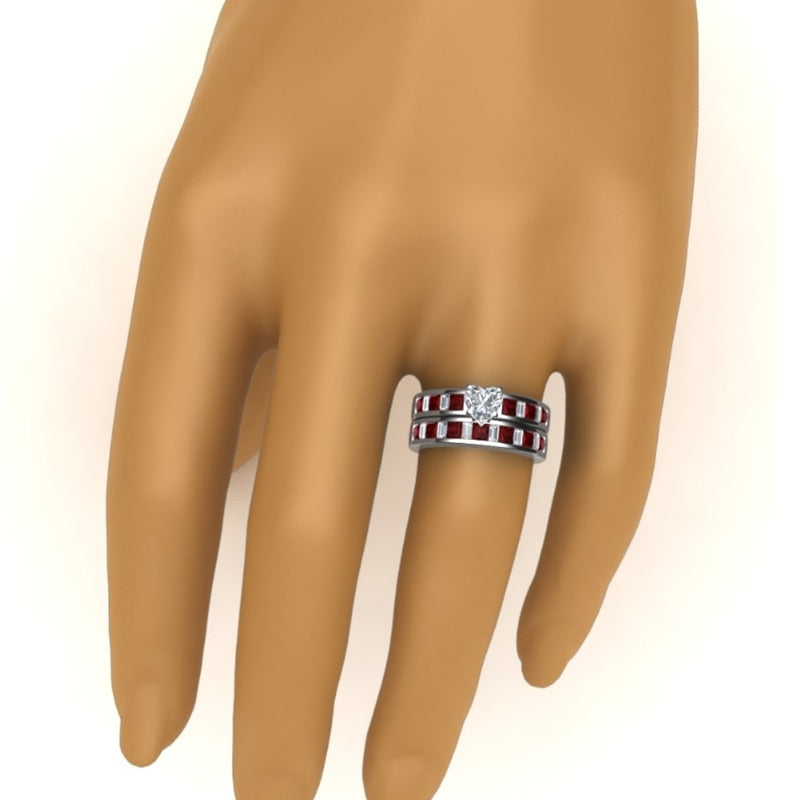 Red Koa Wood Inlay and Crystal & Rhinestone Heart Stainless Steel Wedding Ring Set-Couple Rings-Innovato Design-6-5-Innovato Design