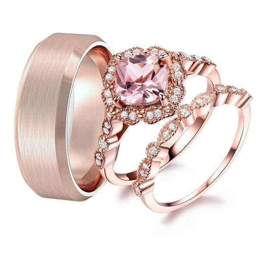 Rose Gold Cubic Zirconia & Rhinestone and Brushed Wedding Ring Set-Couple Rings-Innovato Design-5-5-Innovato Design