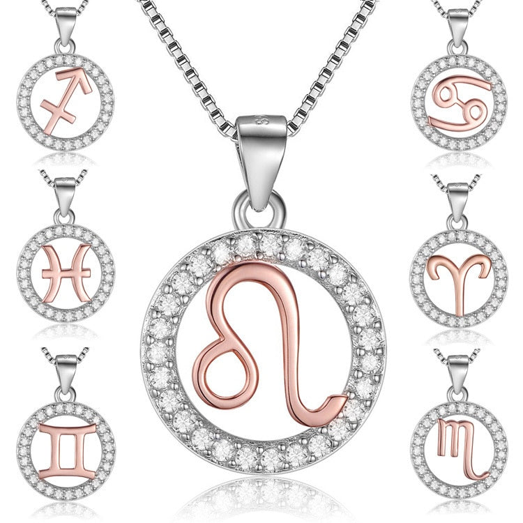 Rose Gold Zodiac Sign 925 Sterling Silver Long Chain Pendant Necklace-Necklaces-Innovato Design-Aquarius-Innovato Design