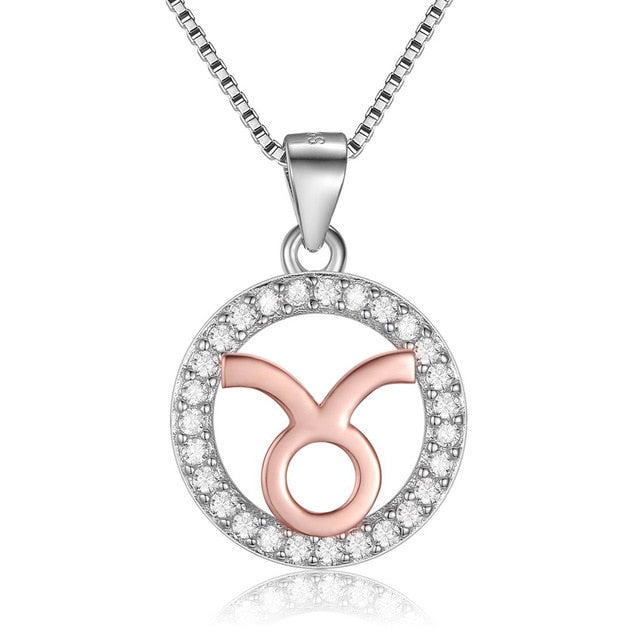 Rose Gold Zodiac Sign 925 Sterling Silver Long Chain Pendant Necklace-Necklaces-Innovato Design-Taurus-Innovato Design