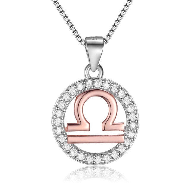 Rose Gold Zodiac Sign 925 Sterling Silver Long Chain Pendant Necklace-Necklaces-Innovato Design-Libra-Innovato Design