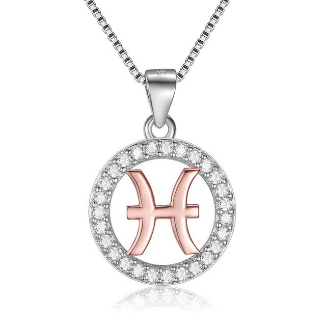Rose Gold Zodiac Sign 925 Sterling Silver Long Chain Pendant Necklace-Necklaces-Innovato Design-Pisces-Innovato Design