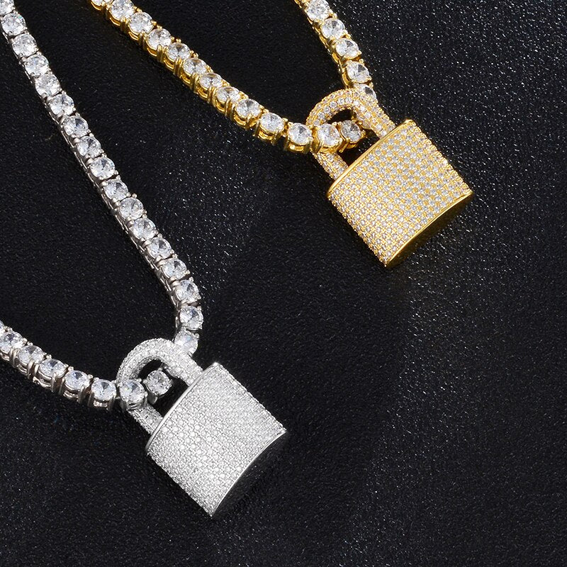 Cubic-Zirconia-Studded Lock Bling Hip-hop Pendant Necklace-Necklaces-Innovato Design-Silver-4mm Tennis-24inch-Innovato Design