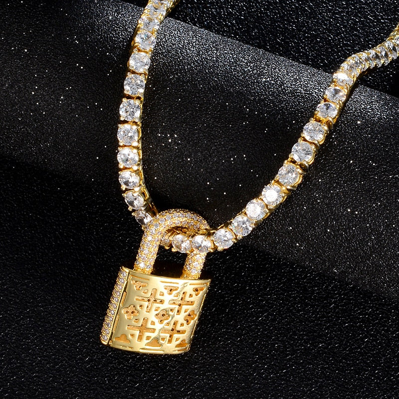 Cubic-Zirconia-Studded Lock Bling Hip-hop Pendant Necklace-Necklaces-Innovato Design-Silver-4mm Tennis-24inch-Innovato Design