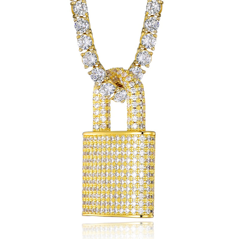 Cubic-Zirconia-Studded Lock Bling Hip-hop Pendant Necklace-Necklaces-Innovato Design-Gold-6mm Cuban-24inch-Innovato Design