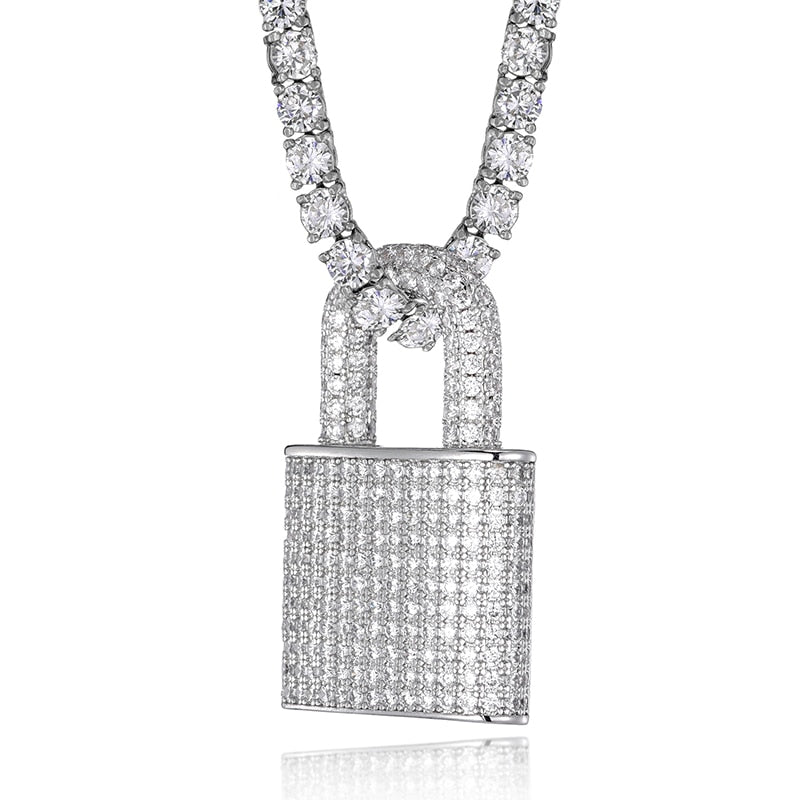 Cubic-Zirconia-Studded Lock Bling Hip-hop Pendant Necklace-Necklaces-Innovato Design-Silver-4mm Tennis-24inch-Innovato Design