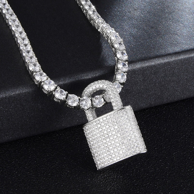 Cubic-Zirconia-Studded Lock Bling Hip-hop Pendant Necklace-Necklaces-Innovato Design-Silver-4mm Tennis-24inch-Innovato Design