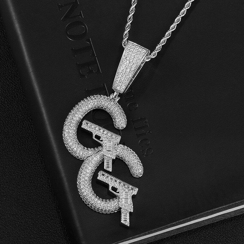 Cubic-Zirconia-Studded Double C and Pistols Hip-hop Pendant Necklace-Necklaces-Innovato Design-Silver-4mm Rope-20in-Innovato Design
