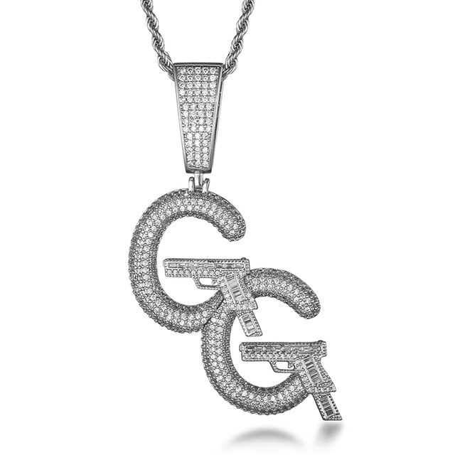 Cubic-Zirconia-Studded Double C and Pistols Hip-hop Pendant Necklace-Necklaces-Innovato Design-Silver-4mm Rope-20in-Innovato Design