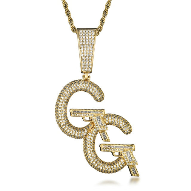 Cubic-Zirconia-Studded Double C and Pistols Hip-hop Pendant Necklace-Necklaces-Innovato Design-Gold-4mm Rope-20in-Innovato Design