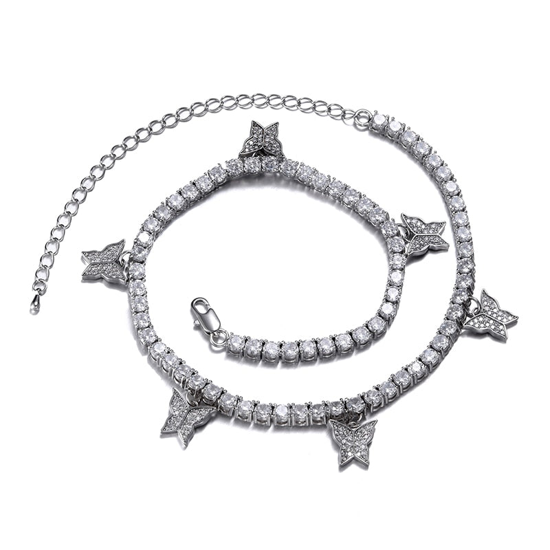 Cubic Zirconia Butterfly Tennis Chain Stainless Steel Hip-hop Adjustable Pendant Necklace-Necklaces-Innovato Design-Gold-Innovato Design