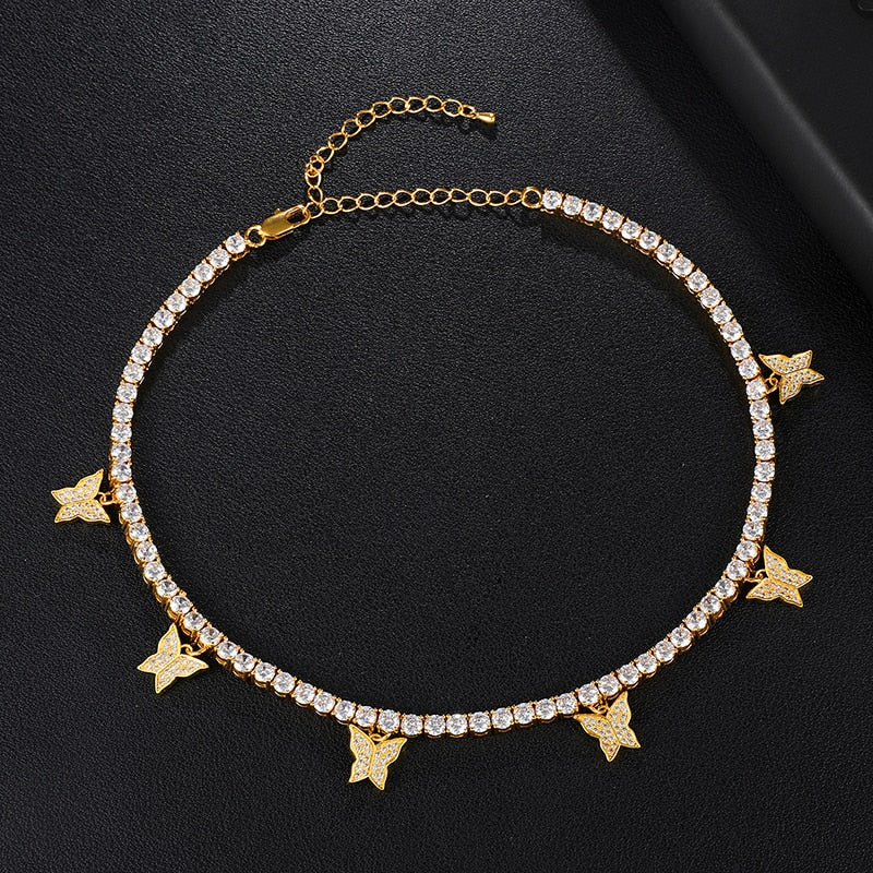 Cubic Zirconia Butterfly Tennis Chain Stainless Steel Hip-hop Adjustable Pendant Necklace-Necklaces-Innovato Design-Gold-Innovato Design
