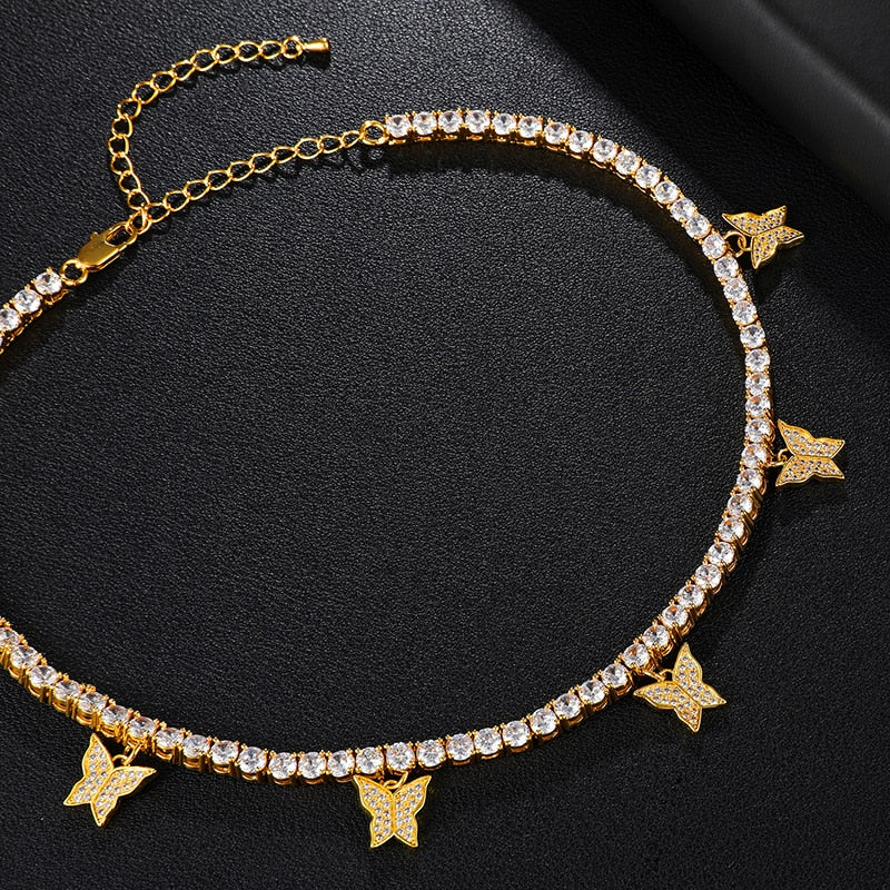 Cubic Zirconia Butterfly Tennis Chain Stainless Steel Hip-hop Adjustable Pendant Necklace-Necklaces-Innovato Design-Gold-Innovato Design