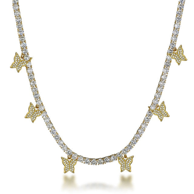 Cubic Zirconia Butterfly Tennis Chain Stainless Steel Hip-hop Adjustable Pendant Necklace-Necklaces-Innovato Design-Gold-Innovato Design