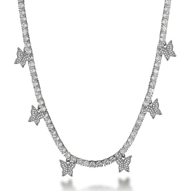 Cubic Zirconia Butterfly Tennis Chain Stainless Steel Hip-hop Adjustable Pendant Necklace-Necklaces-Innovato Design-Silver-Innovato Design