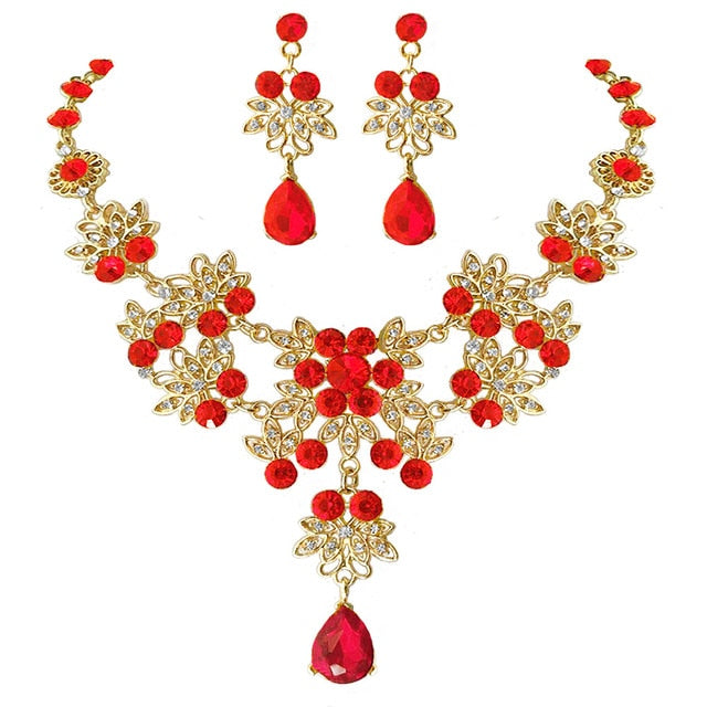 Baroque Gold and Crystal Tiara, Necklace & Earrings Wedding Prom Jewelry Set-Jewelry Sets-Innovato Design-Blue-Innovato Design