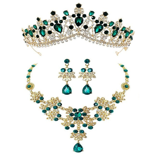 Baroque Gold and Crystal Tiara, Necklace & Earrings Wedding Prom Jewelry Set-Jewelry Sets-Innovato Design-Green-Innovato Design