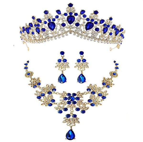 Baroque Gold and Crystal Tiara, Necklace & Earrings Wedding Prom Jewelry Set-Jewelry Sets-Innovato Design-Blue-Innovato Design