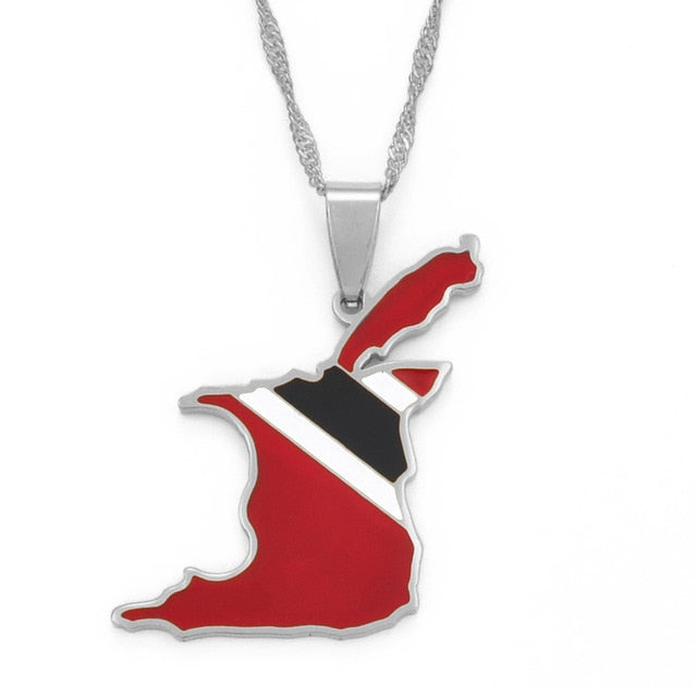 Gold/Silver-Plated Trinidad and Tobago Map Flag Pendant Necklace-Necklaces-Innovato Design-Silver-17.72in-Innovato Design