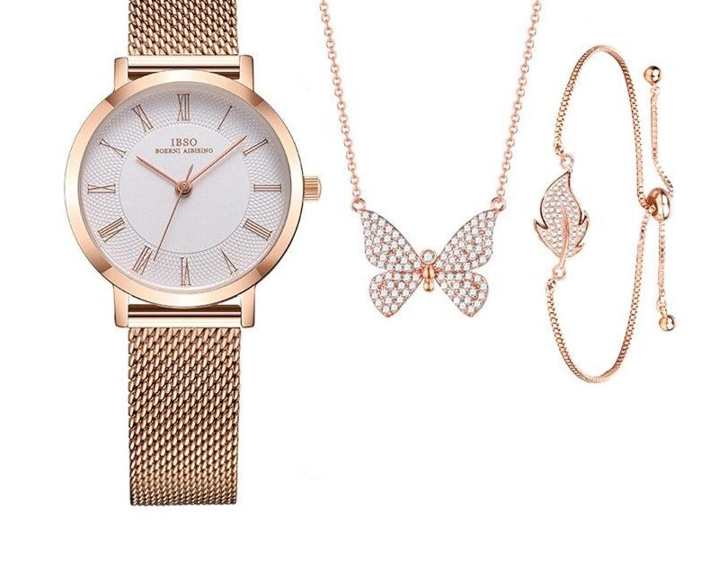 Women Stainless Steel Mesh Band Quartz Watch and Crystal Bracelet & Necklace Jewelry Set-Jewelry Sets-Innovato Design-Silver-Innovato Design