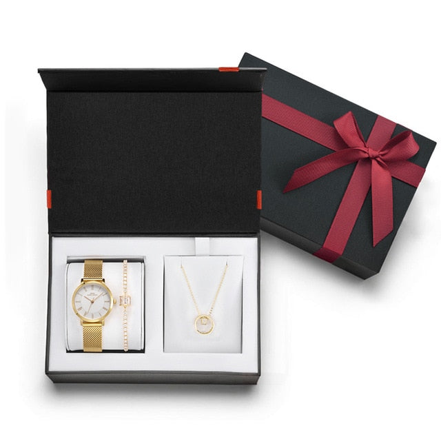 Women Stainless Steel Mesh Band Quartz Watch and Crystal Bracelet & Necklace Jewelry Set-Jewelry Sets-Innovato Design-Gold-Innovato Design