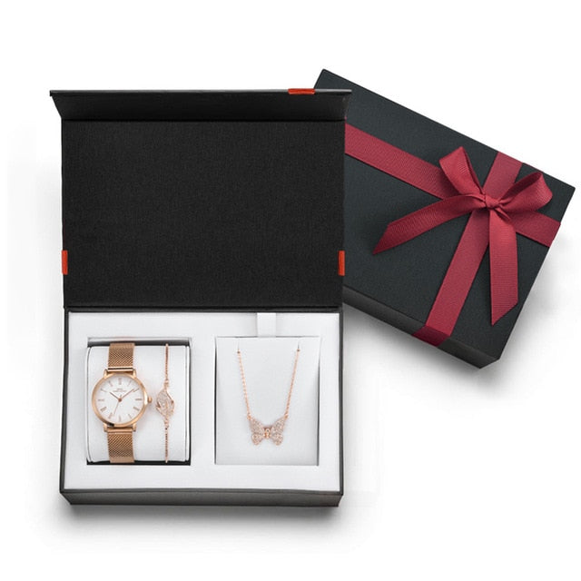 Women Stainless Steel Mesh Band Quartz Watch and Crystal Bracelet & Necklace Jewelry Set-Jewelry Sets-Innovato Design-Rose Gold-Innovato Design