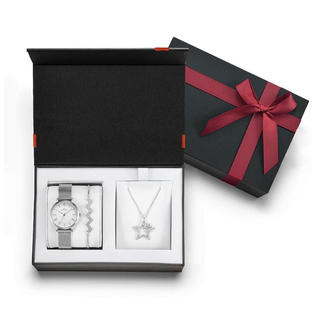 Women Stainless Steel Mesh Band Quartz Watch and Crystal Bracelet & Necklace Jewelry Set-Jewelry Sets-Innovato Design-Silver-Innovato Design